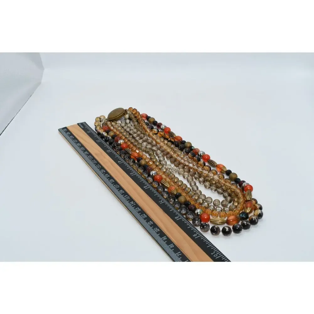 Vintage 1950s Five Strand Earth Tone Beaded Necklace Button Box Clasp